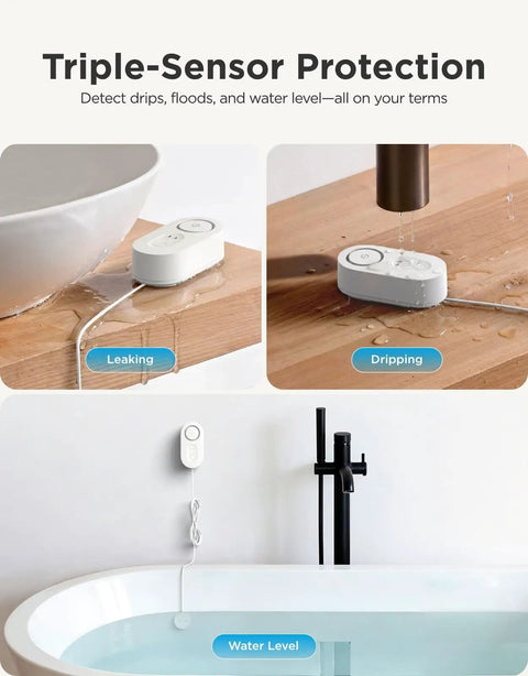 Water Leak Detector 1s With Four Point Nine Two Foot Sensor Cable 105 dB Adjustable Alarm Five Year Battery Life IP67 Waterproof detecting leaks.