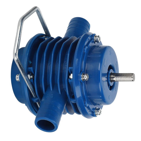 Mini Self Priming Drill Pump Hooks Up To Your Electric Drill To Shift Water Like A Champ During Aquarium Maintenance Sink Drainage Or Flood Cleanup While Featuring Thermal Overload Safety, blue plastic design with metal handle.