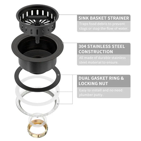 Bronze Kitchen Sink Drain Assembly Kit With Oil Rubbed Bronze Stainless Steel Finish, labeled parts, includes strainer basket