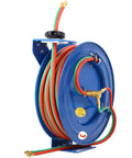 Blue retractable welding hose reel with one quarter inch by one hundred feet twin oxygen acetylene hoses, heavy duty steel construction