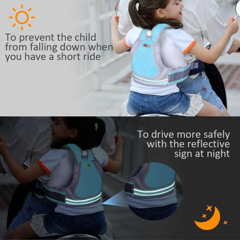 Kid Motorcycle Safety Harness With Reflective Strip And 4 In 1 Buckle For Front Or Back Ride, shown in use for secure fit.