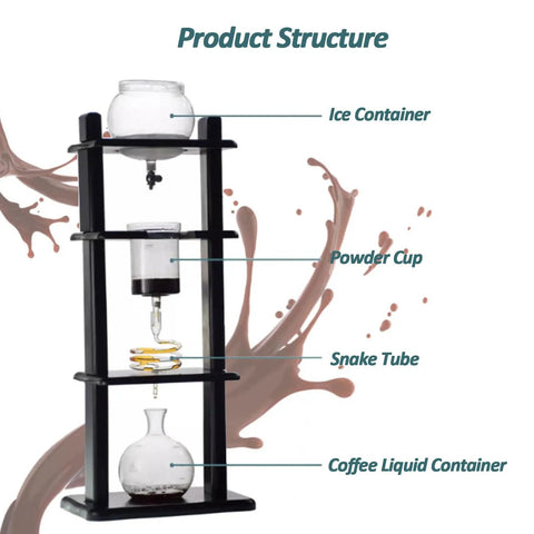 Next Level Slow Drip Vertical Cold Brew Coffee Tower With Premium Glass And Sturdy Wood Base, brews one liter of silky ice coffee structure components.