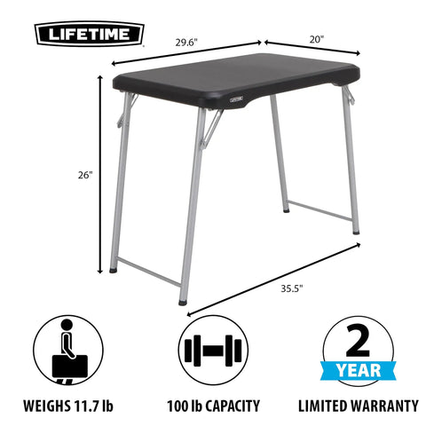 Stacking Compact Folding Table 30 By 20 Inches For Indoor And Outdoor Use Portable Black And Silver Folding Table shown with dimensions and capacity