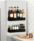 Two Pack Magnetic Spray Bottle Holder With Four Hooks, Wall Mounted Organizer for Garage and Home, black, with spice bottles.