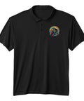 Dope Colorful Rickshaw Performance Polo Shirt With Bold Tropical Asia Street Art Print on a black background, made of quick dry fabric.
