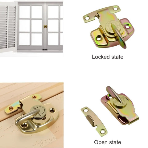 Heavy Duty Table Leaf Locks 4 Pack Gold Furniture Hardware Connectors With Mounting Screws For Extension Dining Tables And Conference Workstations Built Solid With No Fuss Setup And Rock Steady Hold, showing locked and open states.