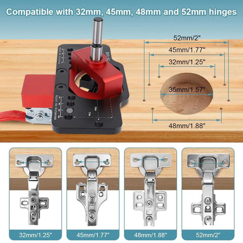 Tough As Nails 35mm Concealed Door Hinge Jig Drill Guide Template With Bulletproof Locking Clip for various hinge sizes.