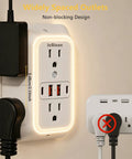 Straight Up Best Wide Spaced Wall Outlet Extender Includes Night Light Six AC Outlets Four USB Charging Ports And Functions As A Surge Protected Power Strip Doing Heavy Duty Plug Ins Daily mounted on wall showing widely spaced outlets.