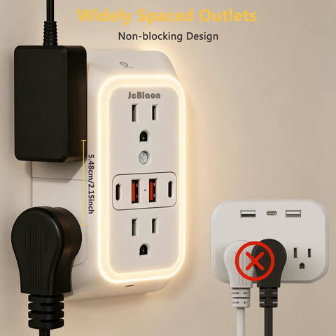 Straight Up Best Wide Spaced Wall Outlet Extender Includes Night Light Six AC Outlets Four USB Charging Ports And Functions As A Surge Protected Power Strip Doing Heavy Duty Plug Ins Daily mounted on wall showing widely spaced outlets.