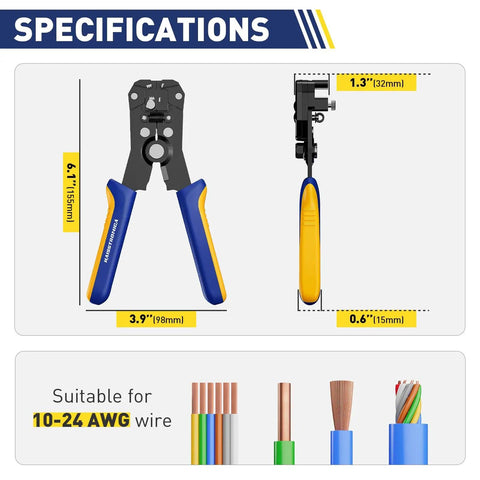 Diagram of Self Adjusting Wire Stripper And Cutter 2 In 1 Heavy Duty Automatic Wire Stripping Tool for 10-24 AWG cables.