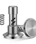 Hella Reliable Espresso Tamper For 53.3mm Portafilters featuring a stainless steel design with spring dampener and sound feedback.