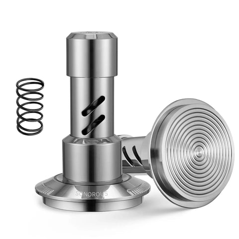 Hella Reliable Espresso Tamper For 53.3mm Portafilters featuring a stainless steel design with spring dampener and sound feedback.