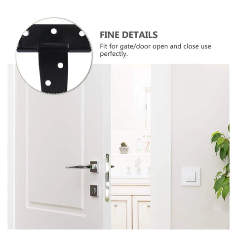 Close-up of Six Inch T Shape Beefy Rustproof Iron Light Duty Shed Hinge Set on a white door, highlighting fine details.