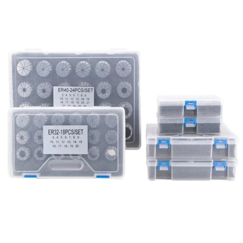 Heavy Duty Precision ER Collet Set For Machine Tools With A And B Grade Chuck Holders For Boring Milling Tapping Up To 0.005mm Accuracy That Won't Crack Or Deform During Tough Jobs - 12 piece set in protective cases.