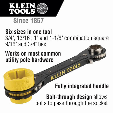 Image of Six In One Lineman's Ratcheting Wrench with bolt through design and bright yellow socket for utility pole hardware.