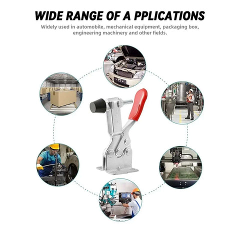 Six Pack Horizontal Toggle Clamp Set with 27Kg Quick Release, heavy duty woodworking tool showcased with diverse uses.