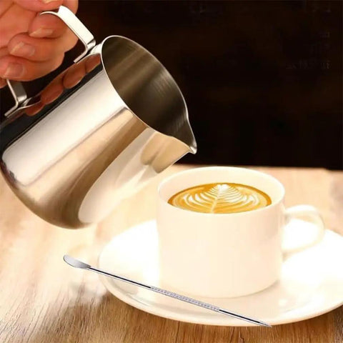 Stainless Steel 304 Milk Frothing Pitcher Cup 12oz 350ml With V Mouth Design for latte art near a cappuccino in a white cup
