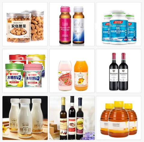 Collection of various beverage bottles and jars including wellness drinks and juices for label application with Automatic Round Bottle Labeling Machine Featuring Slick Single And Double Side Sticker Applicator For Glass And Plastic Bottles Delivers Knockout Accuracy At Thirty Five Labels Per Minute Zero Sweat Operation For Streamlined Workflow.