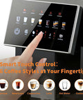 Premium Automatic Espresso Machine Featuring Integrated Grinder And Quick Froth Wand Plus 20 Bar Dual Boiler Coffee Maker With Seven Drink Presets touchscreen panel for selecting coffee styles.