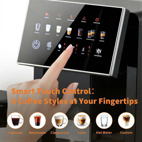 Premium Automatic Espresso Machine Featuring Integrated Grinder And Quick Froth Wand Plus 20 Bar Dual Boiler Coffee Maker With Seven Drink Presets touchscreen panel for selecting coffee styles.