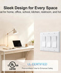 Decora Light Switch Single Pole Rocker Combo With 3 Gang Plate UL And CUL Certified For Safety Complete Installation Kit With Screws 6.38 Inch By 4.5 Inch Wall Plate Fits Standard Electrical Boxes Easy Install in white on wall