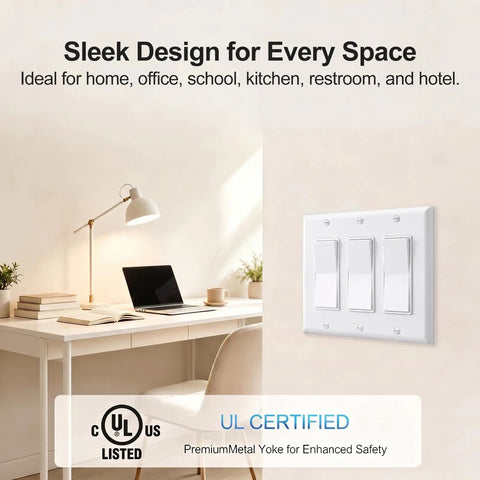 Decora Light Switch Single Pole Rocker Combo With 3 Gang Plate UL And CUL Certified For Safety Complete Installation Kit With Screws 6.38 Inch By 4.5 Inch Wall Plate Fits Standard Electrical Boxes Easy Install in white on wall