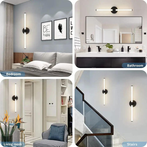 Modern Black LED Bathroom Vanity Light Fixture Wall Sconce 24 Inch 20W 4000K Soft White displayed in various rooms.