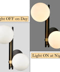 Black And Gold Globe Wall Sconce Set Two Light Fixture In Mid Mod Style Brass And Black Finish With Milk Glass Globes Off and On