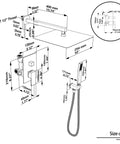 Wall Mounted Rain Shower System With 10 Inch Rain Head And Handheld Spray Pro Grade Spa Like Shower Experience High Pressure Luxury Shower Combo With Rough In Valve And Chrome Finish size chart with dimensions and components view.