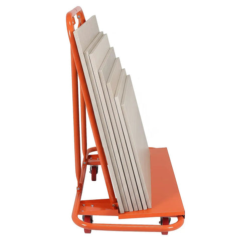Side view of Workhorse Heavy Duty Plasterboard Mobile Tool Cart with Detachable Material Handling Trolley and plasterboards loaded.