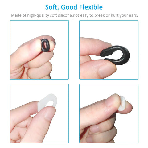 12 Pairs Anti Slip Eyeglasses Ear Grips Retainer, Premium Silicone Ear Hooks displayed in soft, flexible black and clear designs.