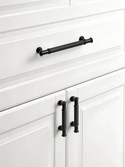 5 Pack Matte Black Cabinet Pulls With 3-Inch Center Hole, Durable Zinc Alloy Handles on white cabinet doors