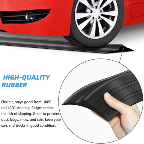 Close-up of Universal Garage Door Threshold Seal Strip Kit 20ft, Bottom Waterproof Rubber Weather Stripping Replacement, black with dual adhesives, installed beneath a car.
