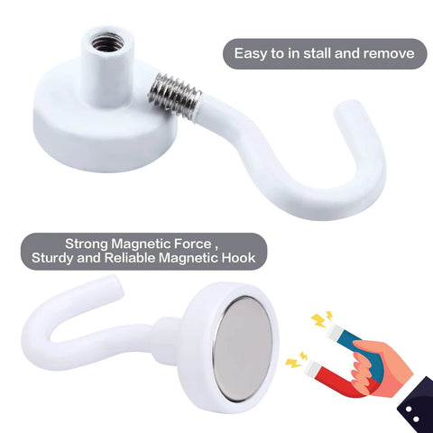 Heavy Duty Magnetic Hooks 30 Lbs Capacity 10 Pack Industrial Grade Rare Earth Magnets, hook close-up and detached view for versatile use