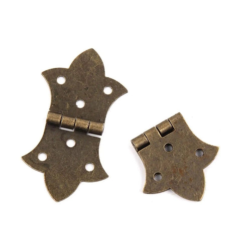 Antique Bronze Butterfly Hinges 4 Pack For Small Cabinets And Jewelry Boxes shown in two-piece design on white background.