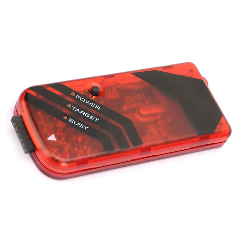 Budget Friendly Microcontroller Programmer Debugger And Emulator For Beginners with red casing and indicator LEDs
