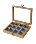 Premium Solid Wood Stackable Jewelry Tray Featuring 12 Grids For Earrings And Trinkets Pro Grade Display Organizer Box open view with gray compartments