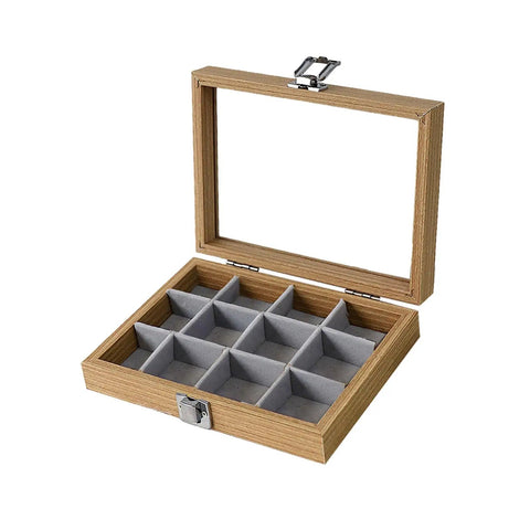 Premium Solid Wood Stackable Jewelry Tray Featuring 12 Grids For Earrings And Trinkets Pro Grade Display Organizer Box open view with gray compartments