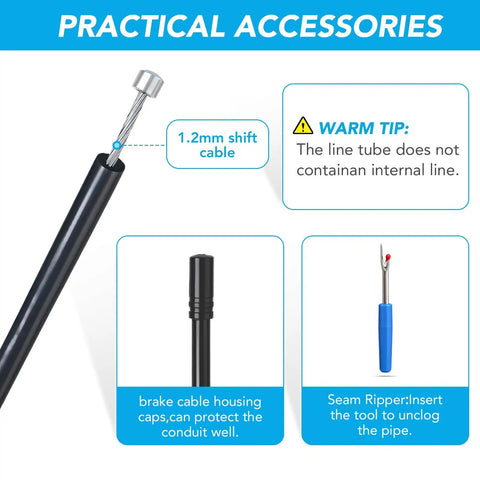 4mm By 50ft Lined Bicycle Shift Cable Housing For Derailleur And Shifter with brake cable cap and seam ripper tool shown.