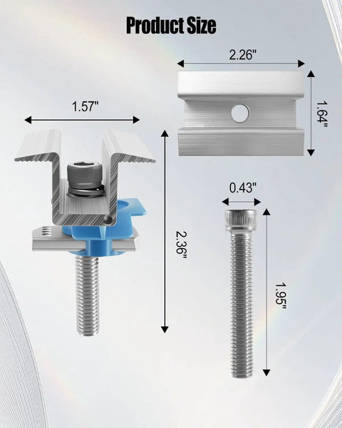 20 Pack Solar Panel Clamps For Unistrut Rails And Wide PV Mounts diagram showing precise measurements of parts and bolts.