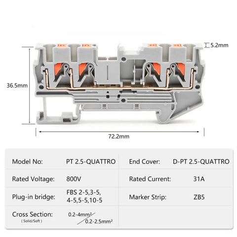 2.5mm2 4 Wire Terminal Block For DIN Rail With Spring Clamp, Orange, Compact Electrical Connection, product dimensions shown