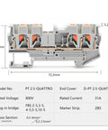 Close-up of Orange 2.5mm2 4-Wire Terminal Block Kit for DIN Rail with Spring Clamp Connections, showing dimensions and specifications.