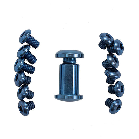 Hella Tough Titanium Torx Screw Set And Drop In Hardware Kit For Benchmade Bugout Replacement Parts With Pivot Nut And T10 T6 Body Screws, showing blue titanium screws.