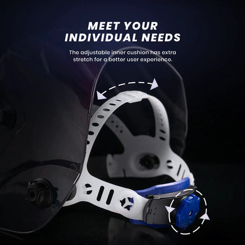 Pro Grade Auto Darkening Welding Helmet adjustable strap and inner cushion for comfort, shown close-up with focus on details.