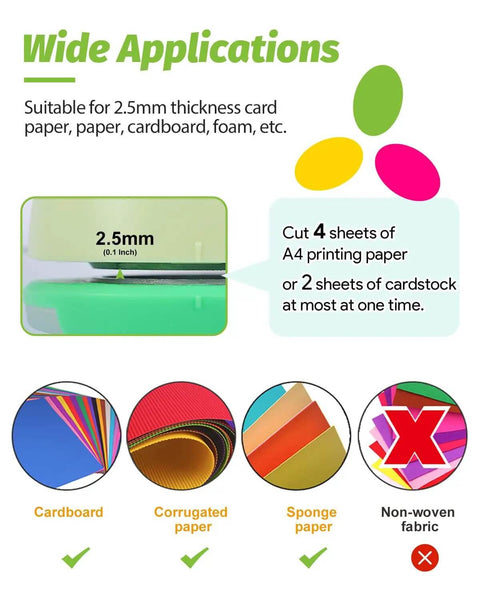Infographic of 1 Inch Oval Lever Punch For Scrapbooking And Card Making showing material compatibility and cutting thickness.