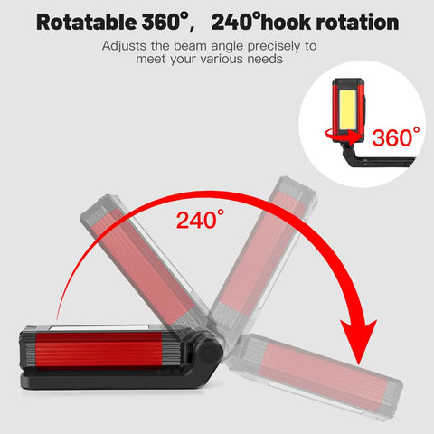 Rechargeable LED Magnetic Work Light 2 Pack With USB Charging, 7 Lighting Modes Including High, Low, COB, And Red Flash showing 360-degree rotation feature
