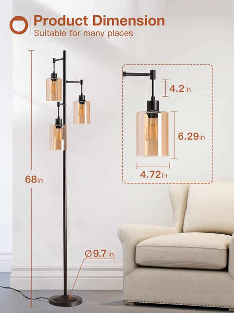 Industrial Floor Lamp With Amber Glass Shades Three Head Tree Design Tall Black Pole Lamp For Living Room Office And Bedroom Includes Three LED Bulbs And 2700K Soft Light next to sofa with dimensions.