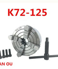 Top Shelf Four Jaw Lathe Chuck 125 Millimeter Single Movement Rig with steel jaws and bolts for precision metalworking task.