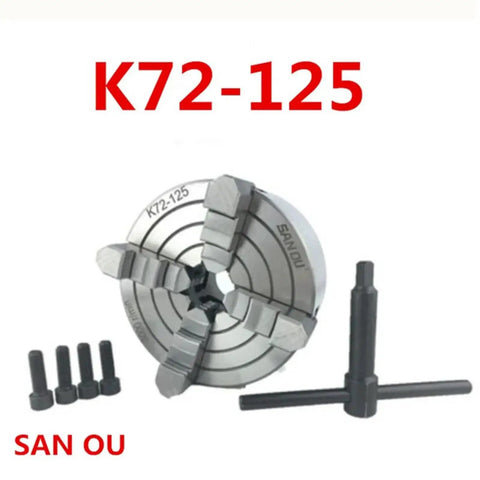 Top Shelf Four Jaw Lathe Chuck 125 Millimeter Single Movement Rig with steel jaws and bolts for precision metalworking task.
