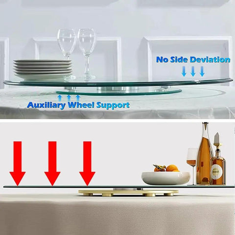 Extra Large Round Glass Lazy Susan Turntable showing auxiliary wheel support and stability for kitchen use.